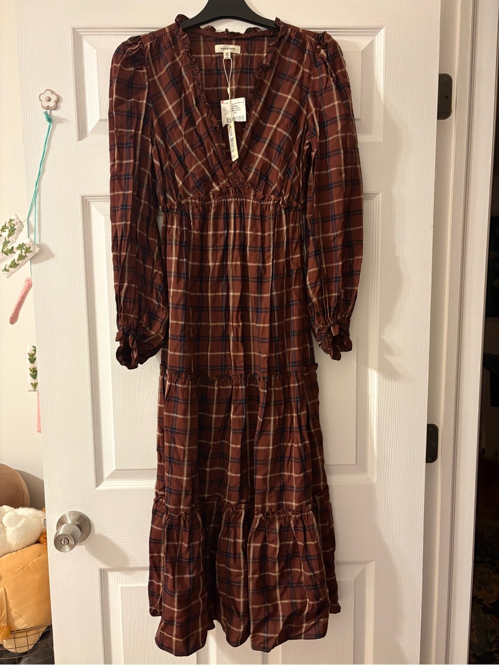 Max studio Plaid Tiered Long Sleeve Midi